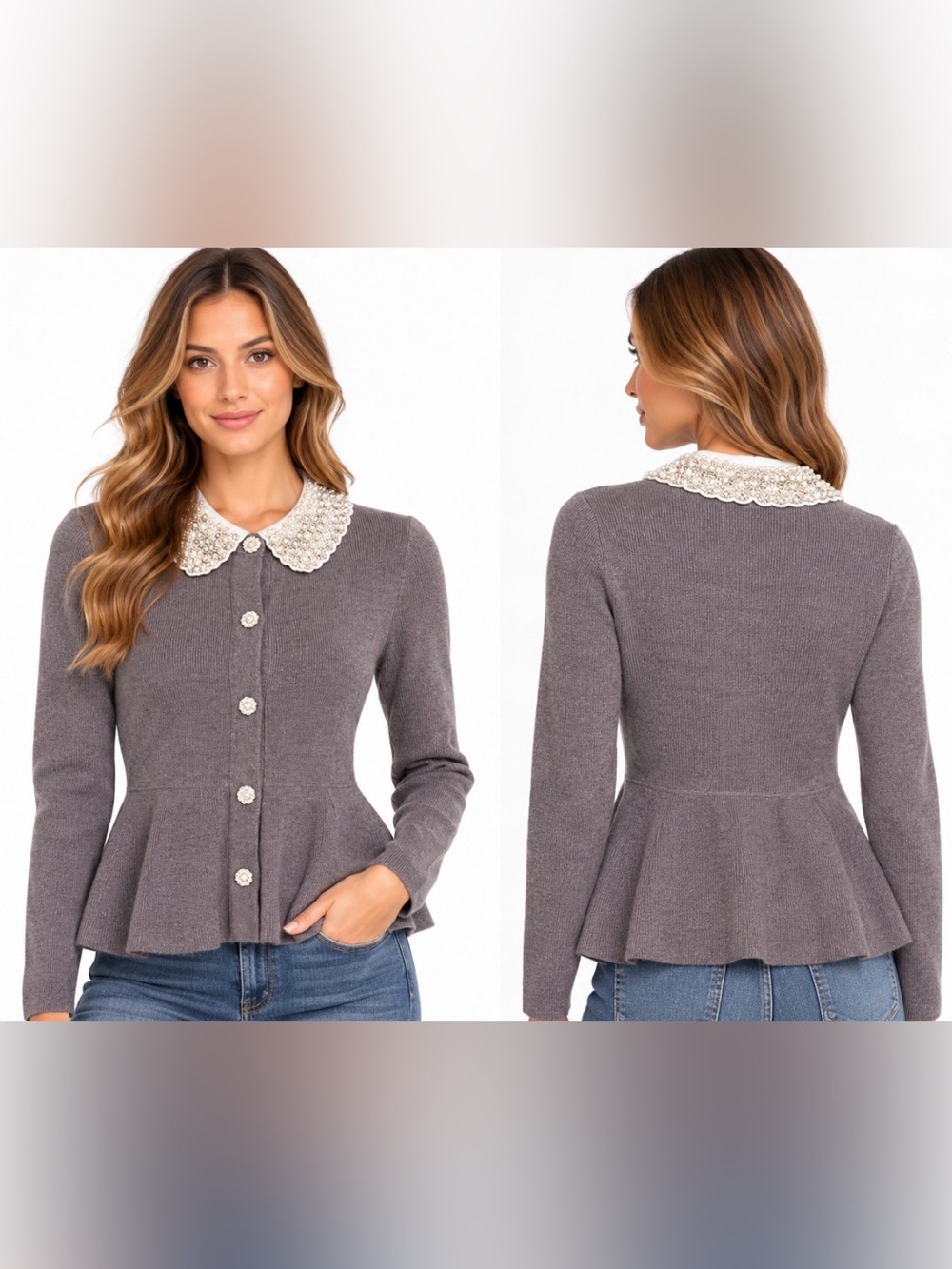 Milano Gray Pearl-Trim Peplum Cardigan
